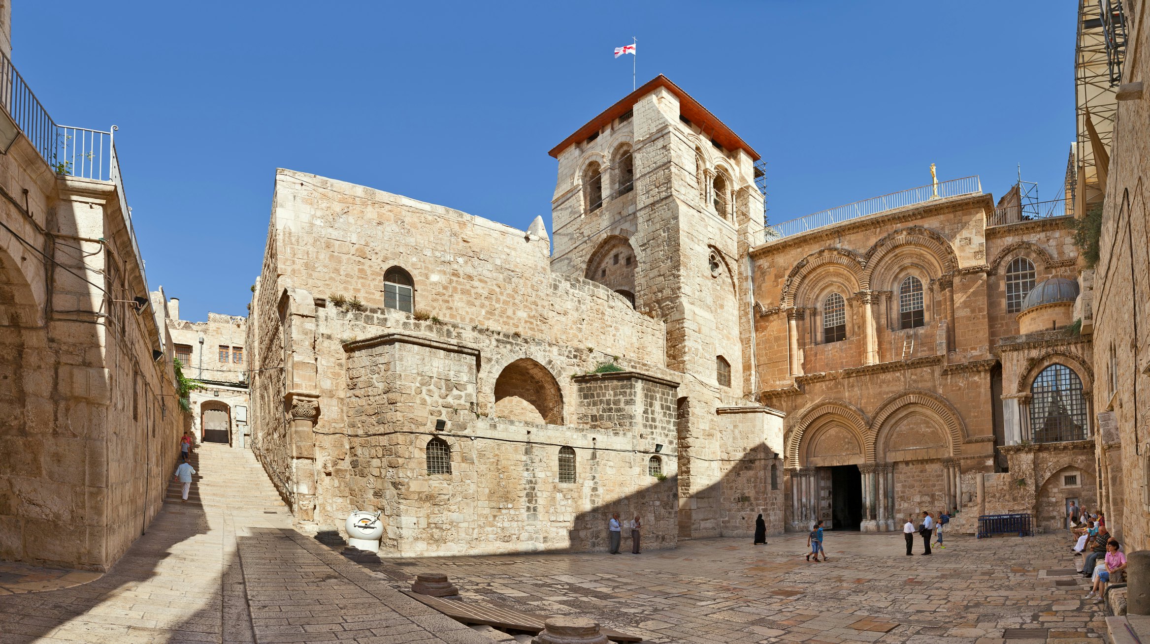 Jerusalem, Israel - July 26, 2015: Panorama of the Church of the Holy Sepulchre  - church in Christian Quarter of the Old City of Jerusalem where Jesus was crucified, buried and resurrected.