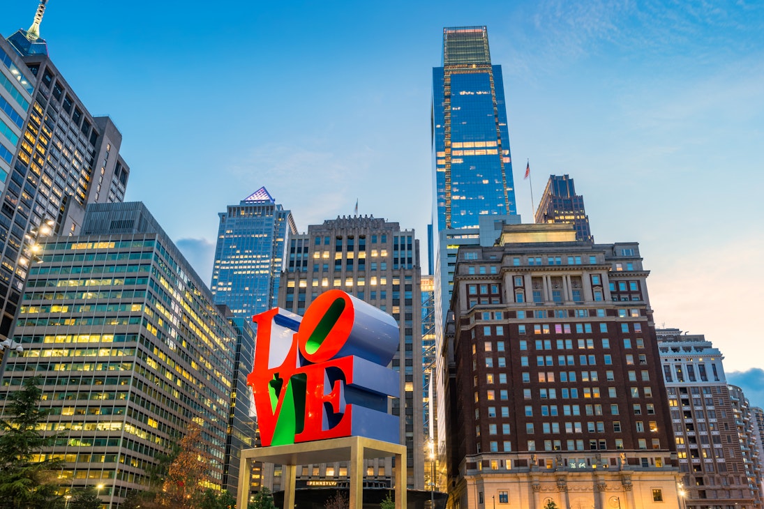 The landmark reproduction of Robert Indiana's Love sculpture located on John F. Kennedy Plaza in downtown Philadelphia, Pennsylvania, USA.