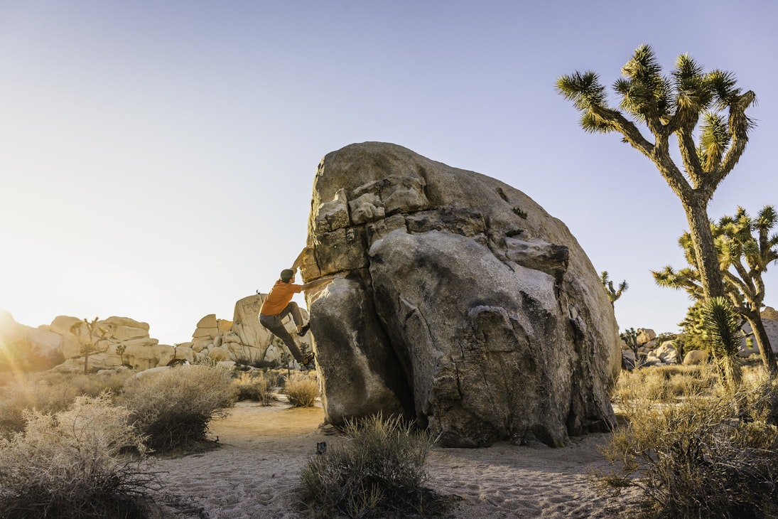 Male boulderer moving up a boulder in Joshua Tree National Park at dusk.