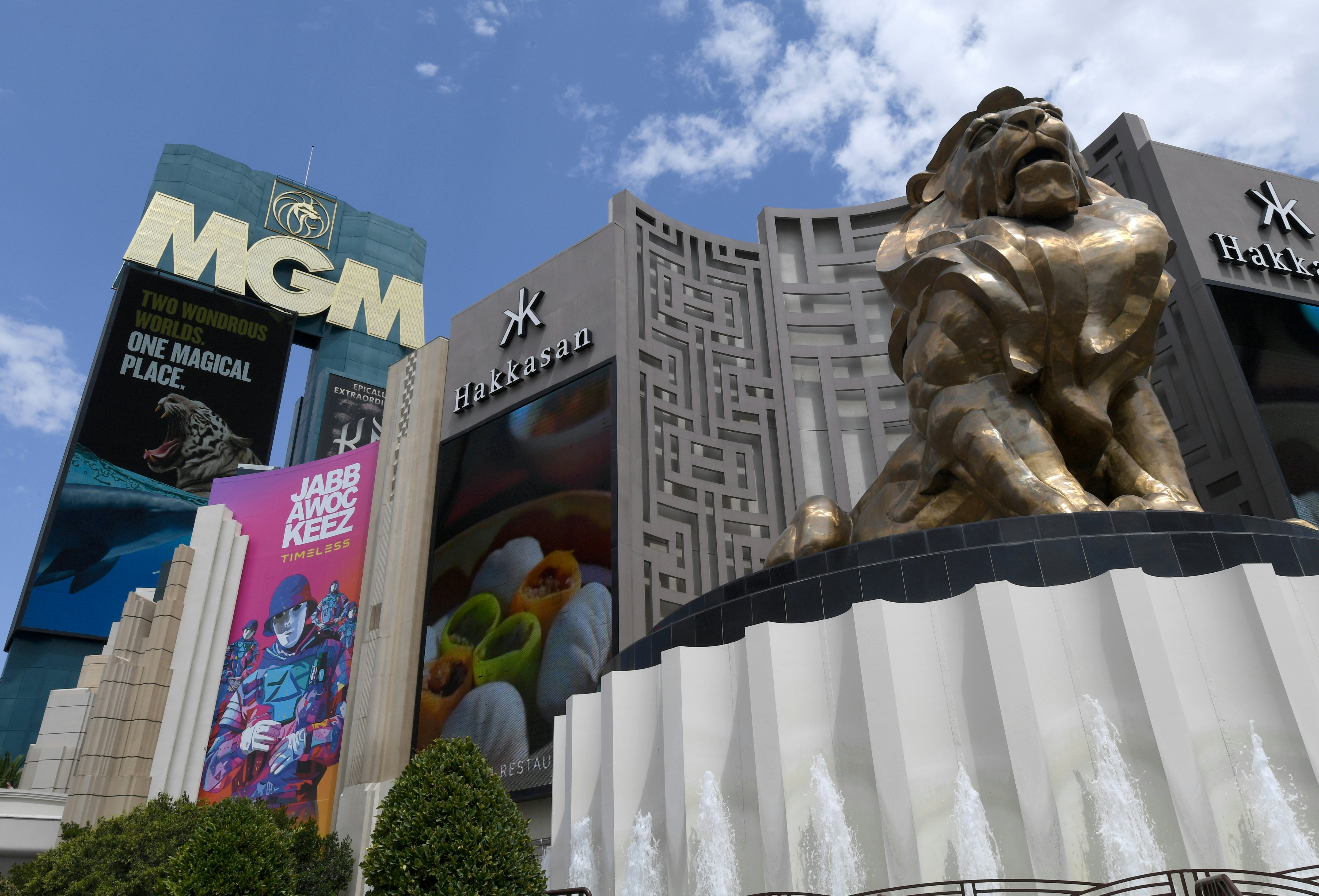LAS VEGAS, NEVADA - AUGUST 28:  An exterior view shows the marquee at MGM Grand Hotel & Casino left of the Leo the Lion statue on the Las Vegas Strip amid the spread of coronavirus (COVID-19) on August 28, 2020 in Las Vegas, Nevada. MGM Resorts International will lay off 18,000 furloughed employees in the United States on Monday as the resort industry struggles to recover from the pandemic. The move was necessary since federal law requires companies to lay off furloughed workers after six months. Before hotel-casinos shut down in March, the company had 68,000 employees nationwide, including 52,000 in Las Vegas. MGM Resorts said laid-off employees could be brought back as business demand returns.  (Photo by Ethan Miller/Getty Images)