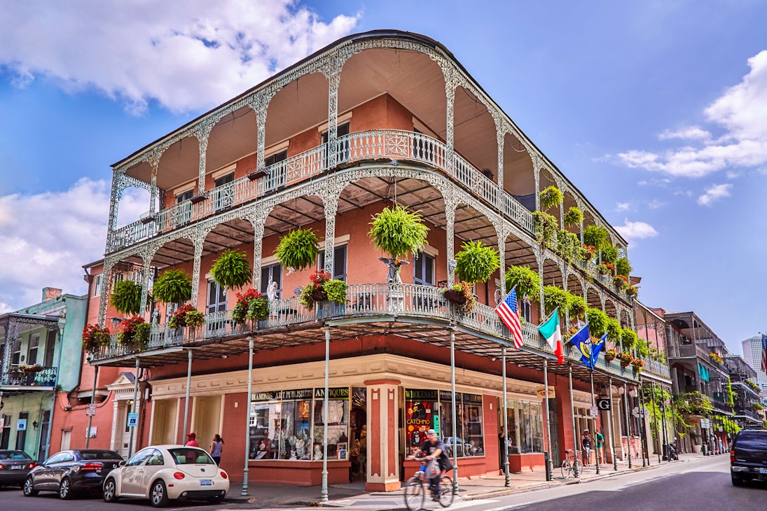 The wrought iron lace of a French Quarter Balcony in New Orleans.