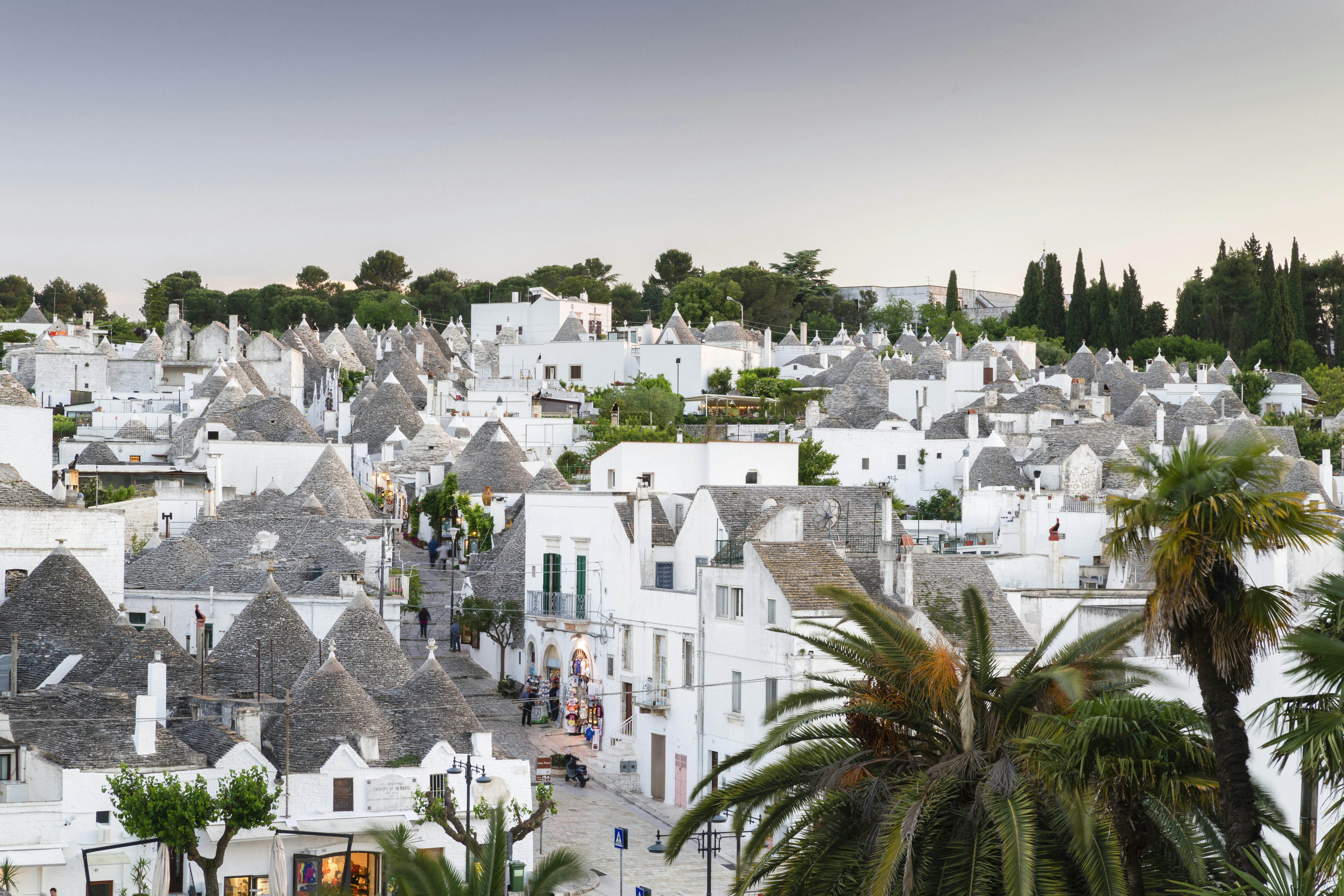 View of the Rione Monti district at dusk in Puglia, Italy