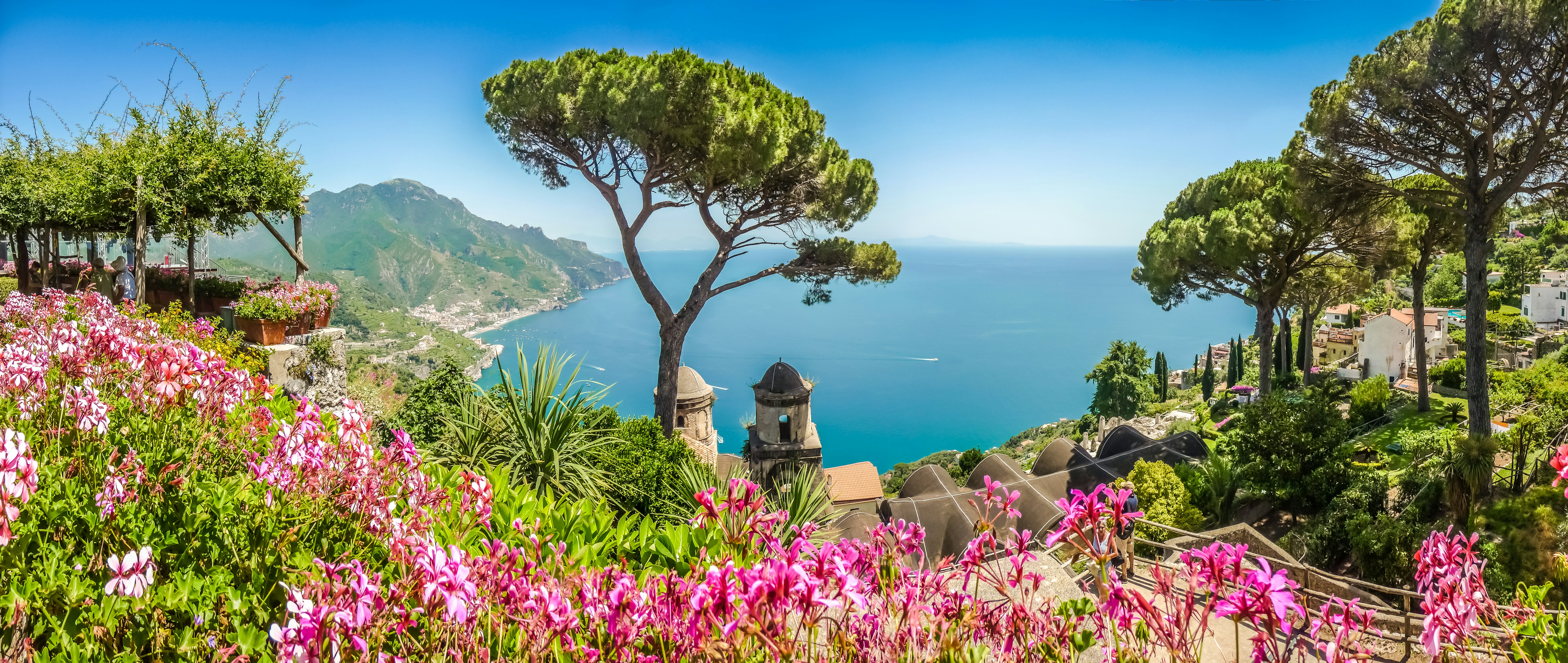 Scenic picture-postcard view of famous Amalfi Coast with Gulf of Salerno from Villa Rufolo gardens in Ravello, Campania, Italy