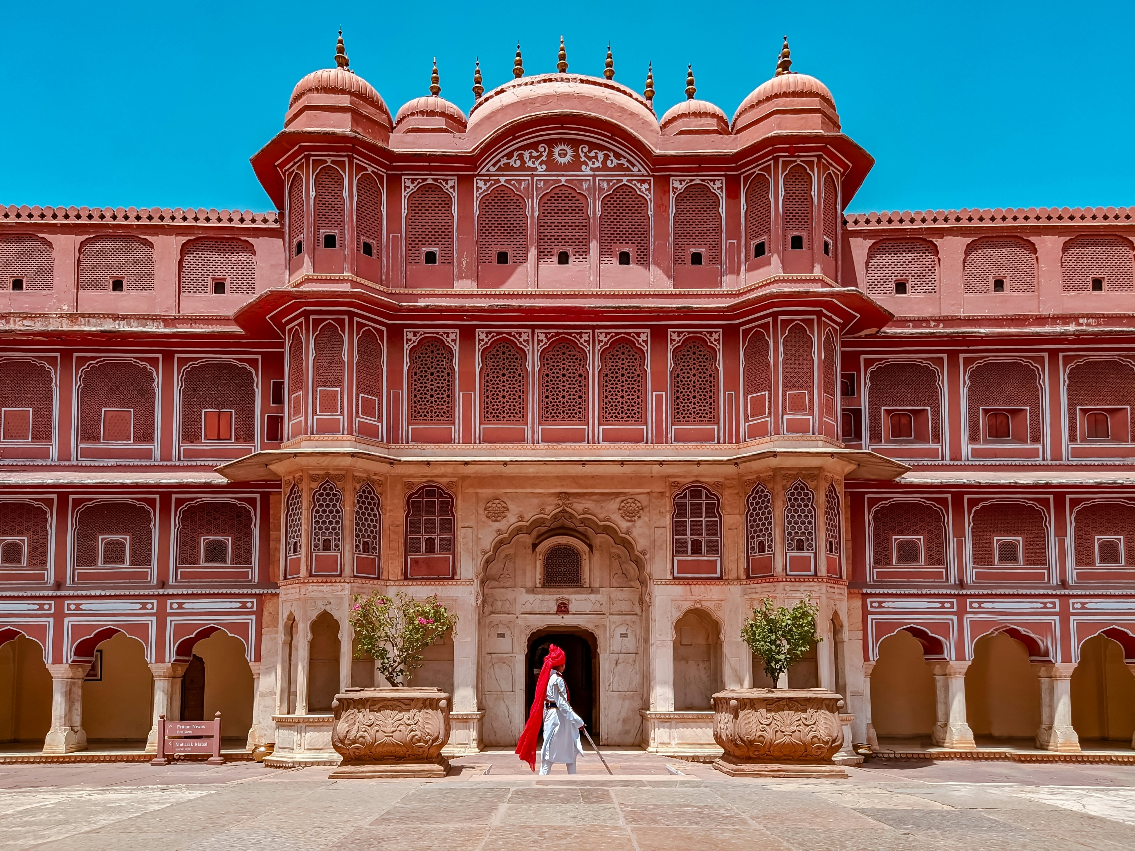 A guard in a turban at the City Palace in Jaipur, Rajasthan, India.
