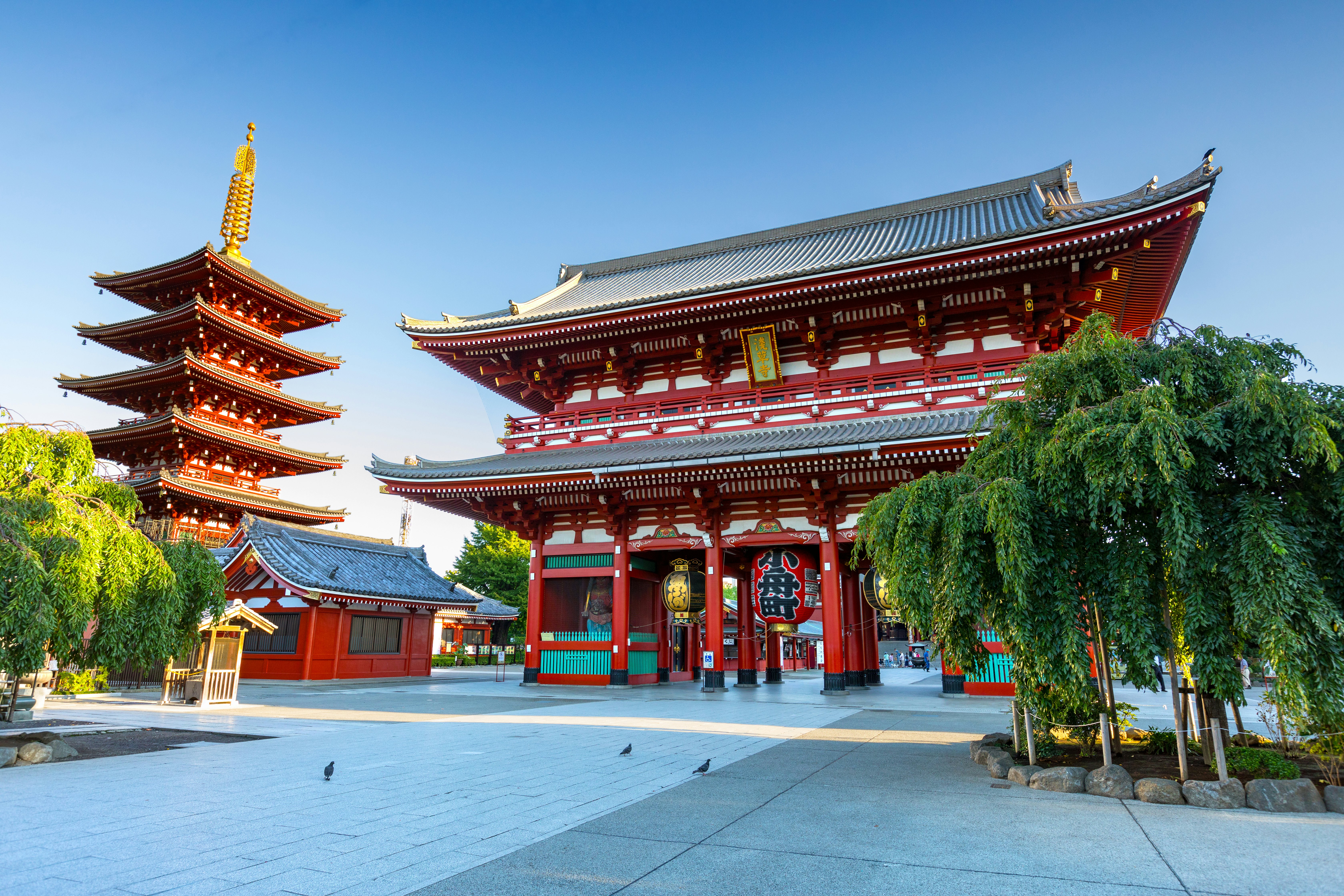 A Japanese temple with a nearby five-tiered pagoda