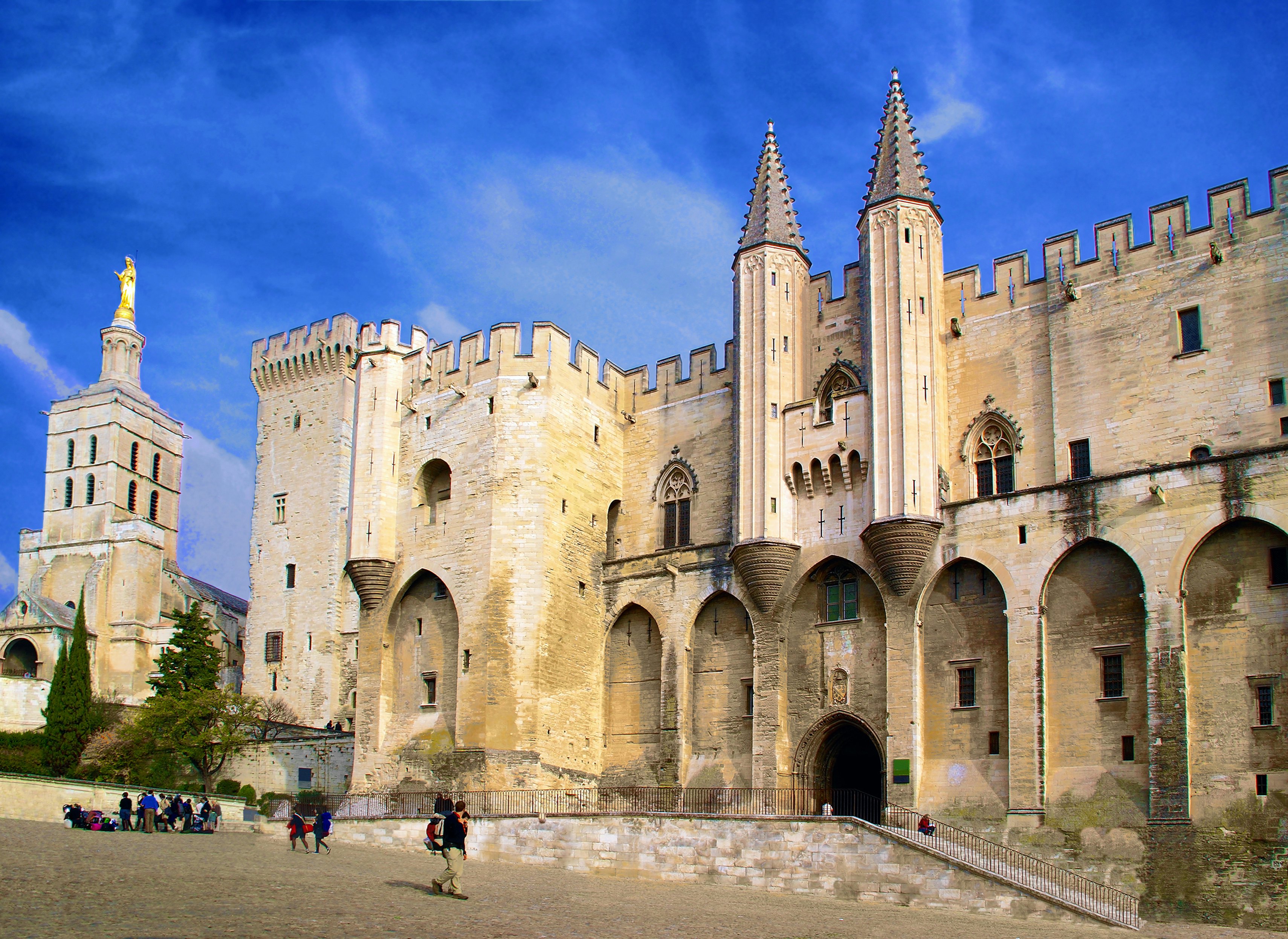Facade of the Palace of the Popes in Avignon in Provence, France.